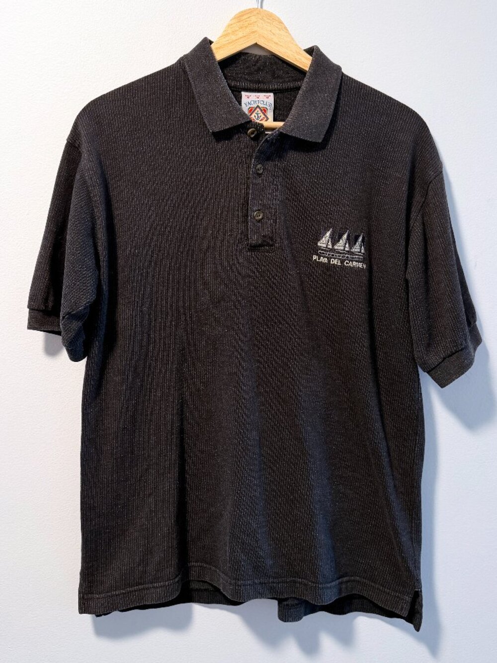 Yacht Club Polo Shirt Faded Black Playa Del Carmen Graphic Mens M Ribbed Knit